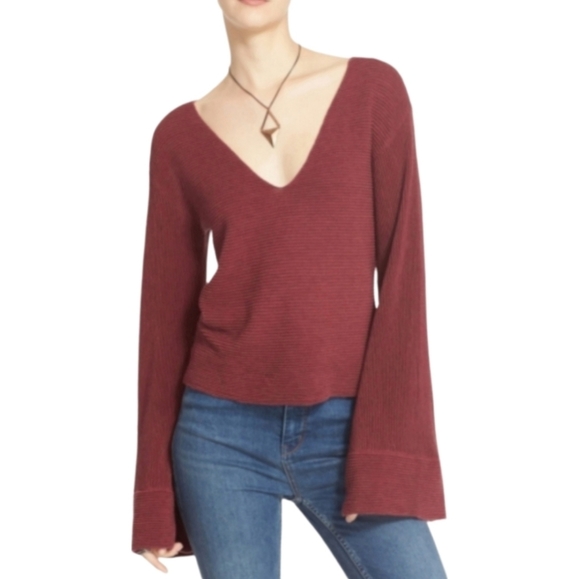Free People Tops - FREE People Starman Ribbed Burgundy Wool Blend Top Bell Flared Sleeves Small